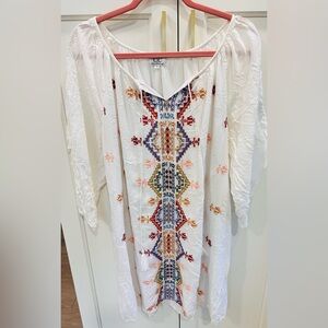 White Tunic with Multicolor Embroidery  Boho dress